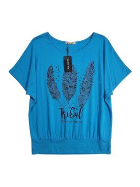 NWT | Van Der Rich Royal Blue Feather Graphic Batwing Sleeve Banded Hem Top | XL